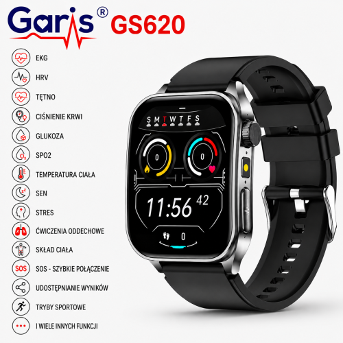 Kardiowatch EKG GARIS GS620 - czarny pasek silikonowy - 1,5.png