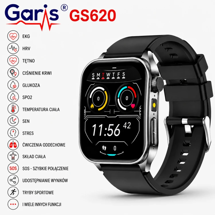 Kardiowatch EKG GARIS GS620 - czarny pasek silikonowy - 1,5.png