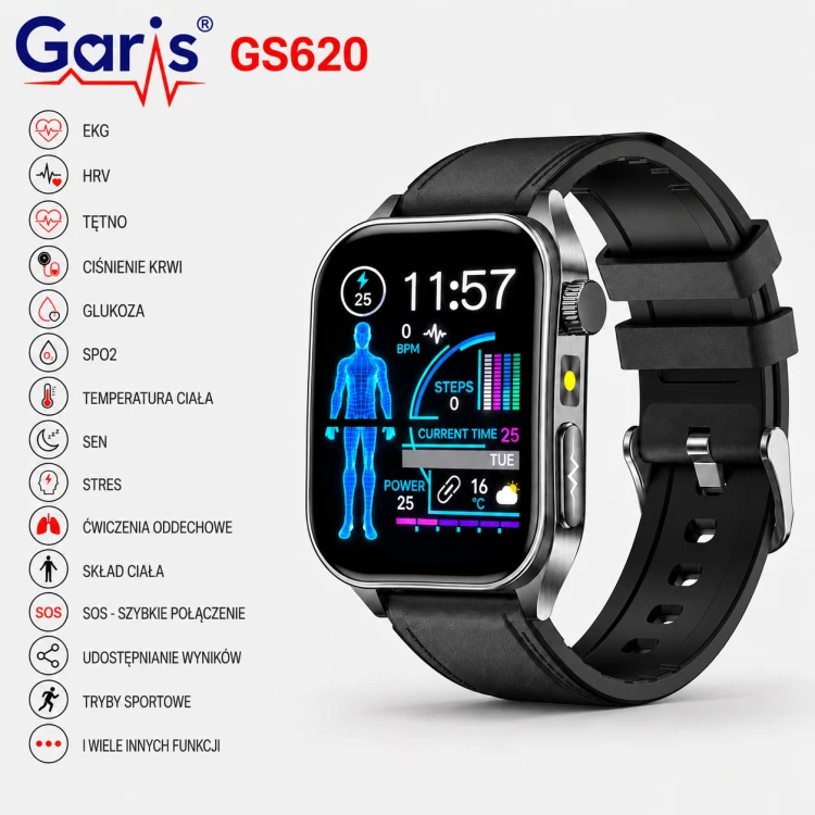 Kardiowatch EKG GARIS GS620 - czarny pasek skórzany - 2.png