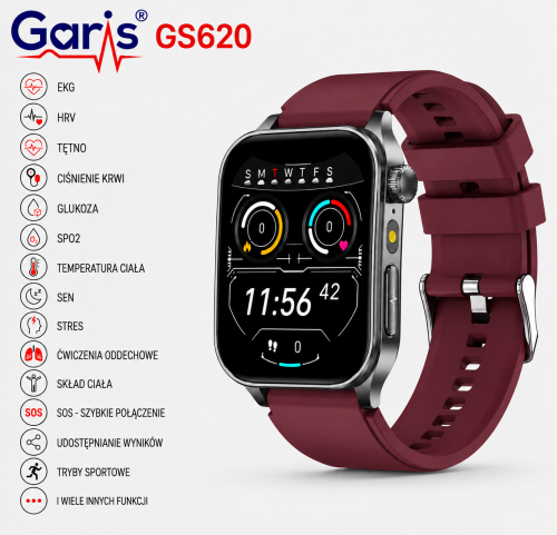 Kardiowatch EKG GARIS GS620 - bordowy pasek silikonowy - 1,1.png
