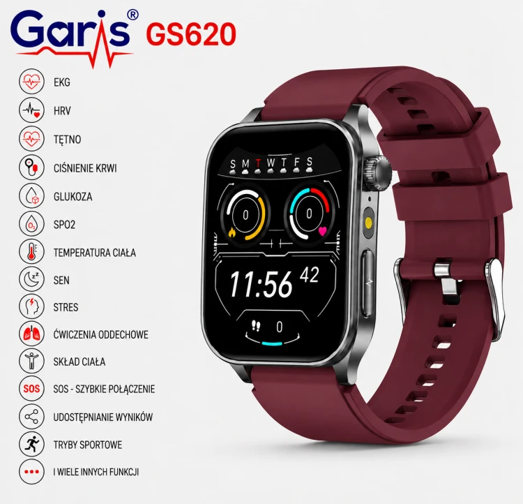 Kardiowatch EKG GARIS GS620 - bordowy pasek silikonowy - 1,1.png