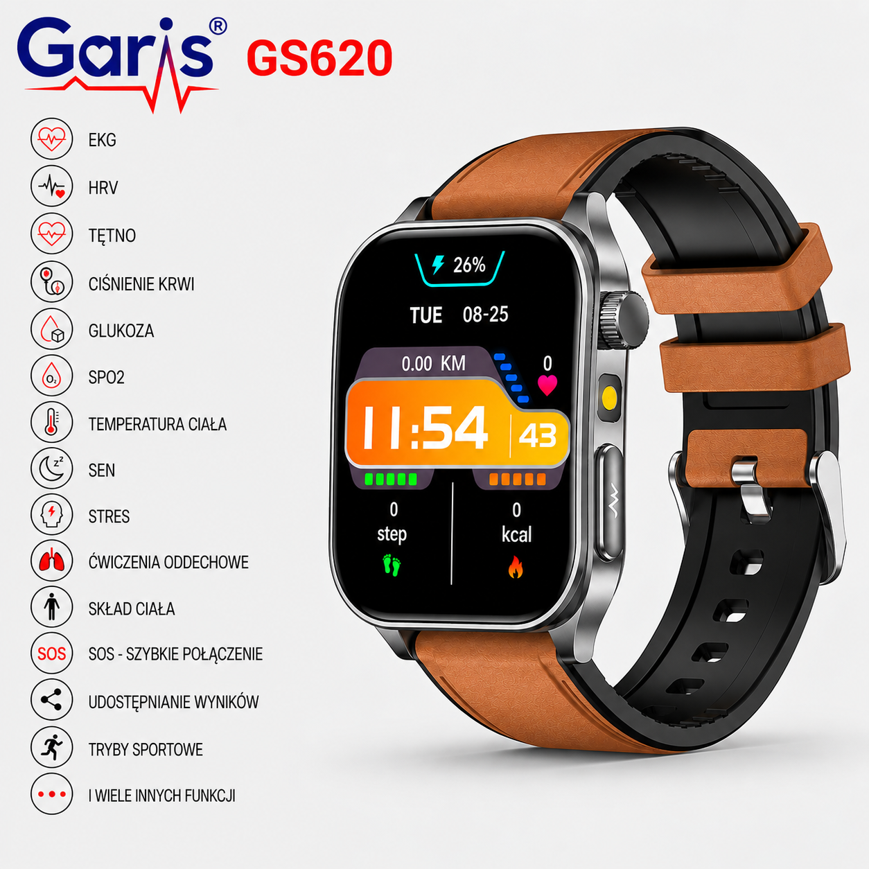 Kardiowatch EKG GARIS GS620 - brązowy pasek skórzany - 2.png