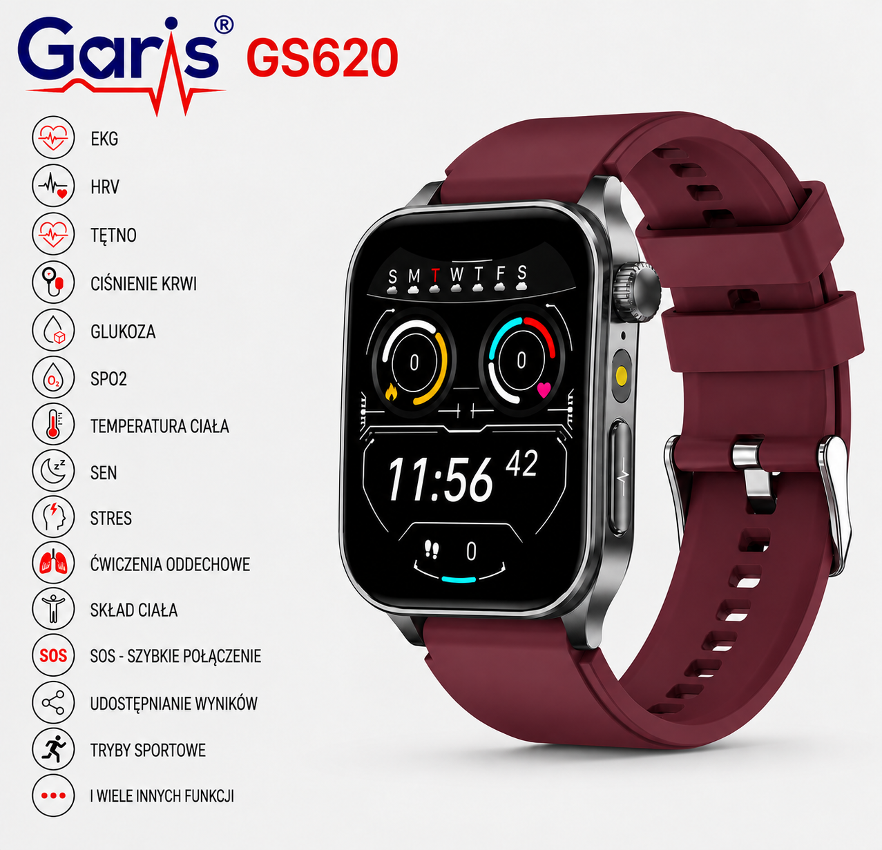 Kardiowatch EKG GARIS GS620 - bordowy pasek silikonowy - 1,1.png